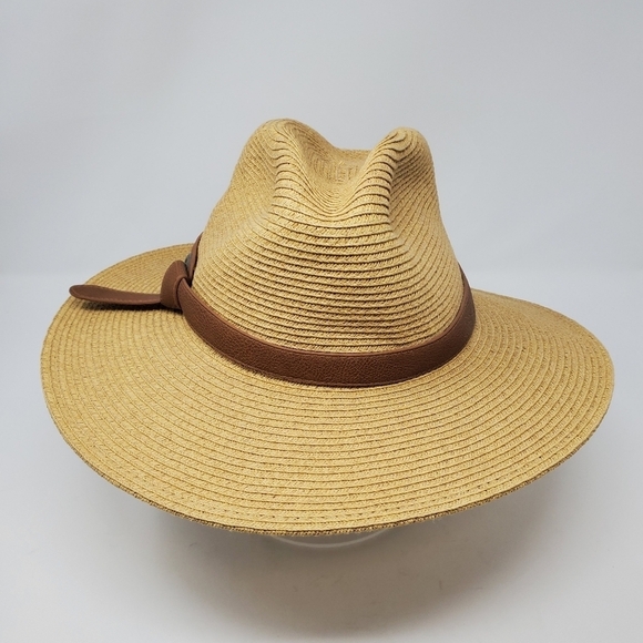 NINE WEST FEDORA SUN HAT NATURAL TAN STRAW BROWN FAUX LEATHER KNOT BAND WOMEN OS - Picture 1 of 13